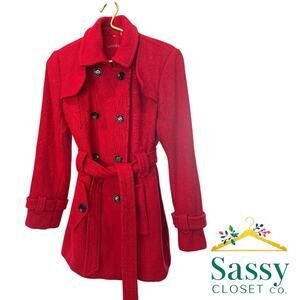 Calvin Klein Red Wool Pea Coat Women’s Small RN#54163 Double‑Breasted Tailored